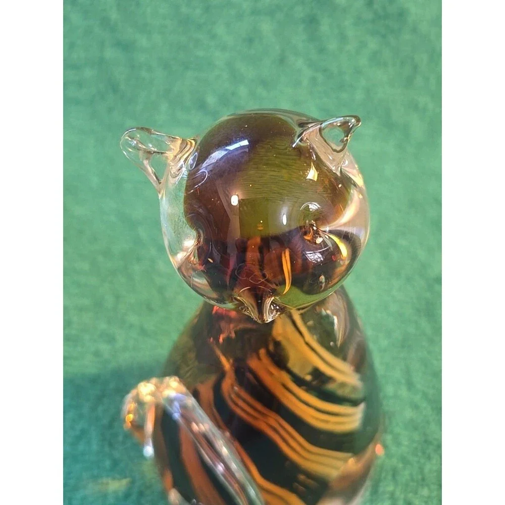 Murano Style Glass Cat Paperweight Amber w/ Blue White Swirl - Picture 7 of 7